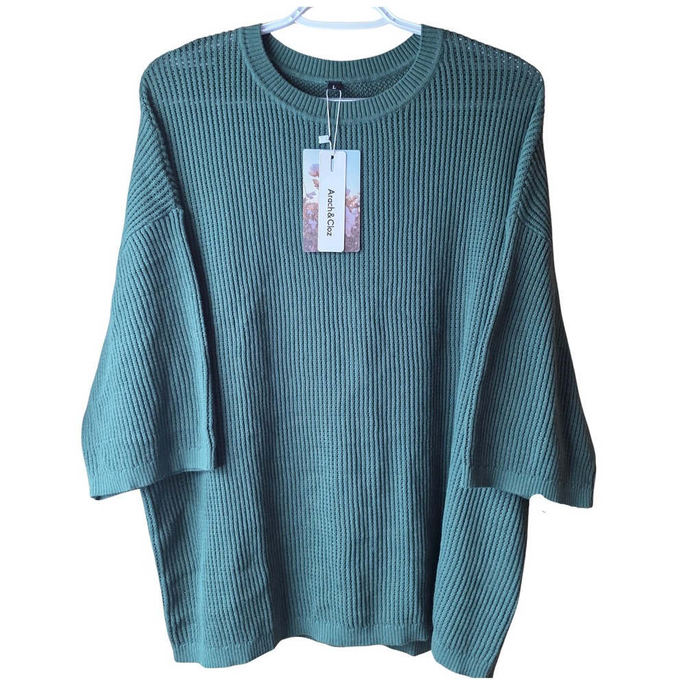 Arach & Cloz 100% Cotton Rib Knit Sweater Green Crew Neck Oversized Women's L